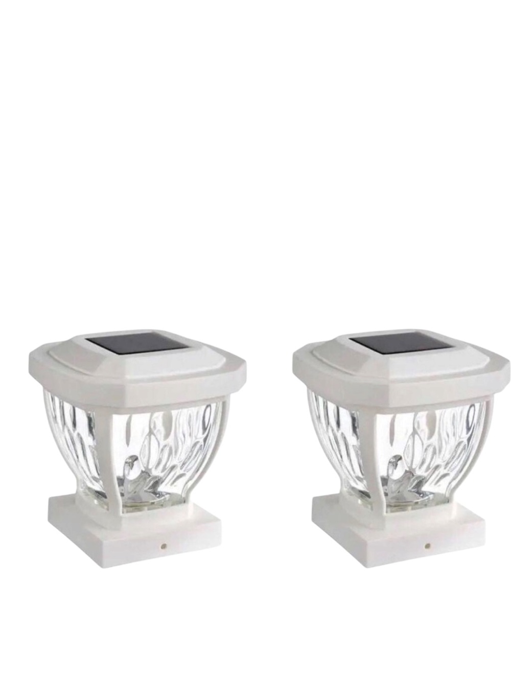 Set of 2 White Solar Post Cap Lights Wavy Glass Outdoor Deck Fence Patio Lamp